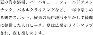 夏の海水浴場、バーベキュー、フィールドアスレチック、パネルクライミングなど、一年中楽しめる観光スポット。従来の海岸地形を生かして綺麗に整備した人口ビーチ。夏は広場がライトアップされ、夜も楽しめます。